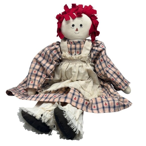 Vintage Raggedy Ann Cloth Doll Red Yarn Hair & Plaid Dress ladybug 24" READ - Picture 1 of 6